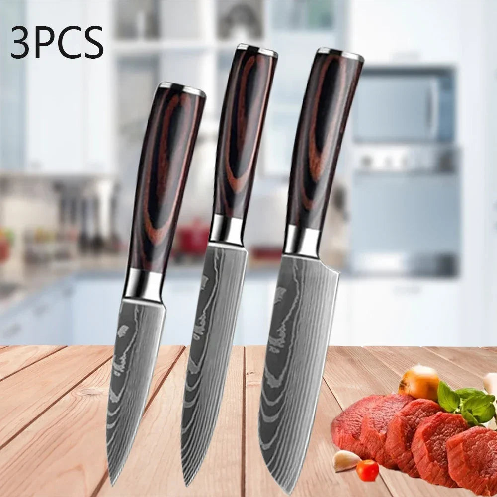 Conjunto 3 Facas de Cozinha Damasco Laser - Chef, Santoku e Utilitária