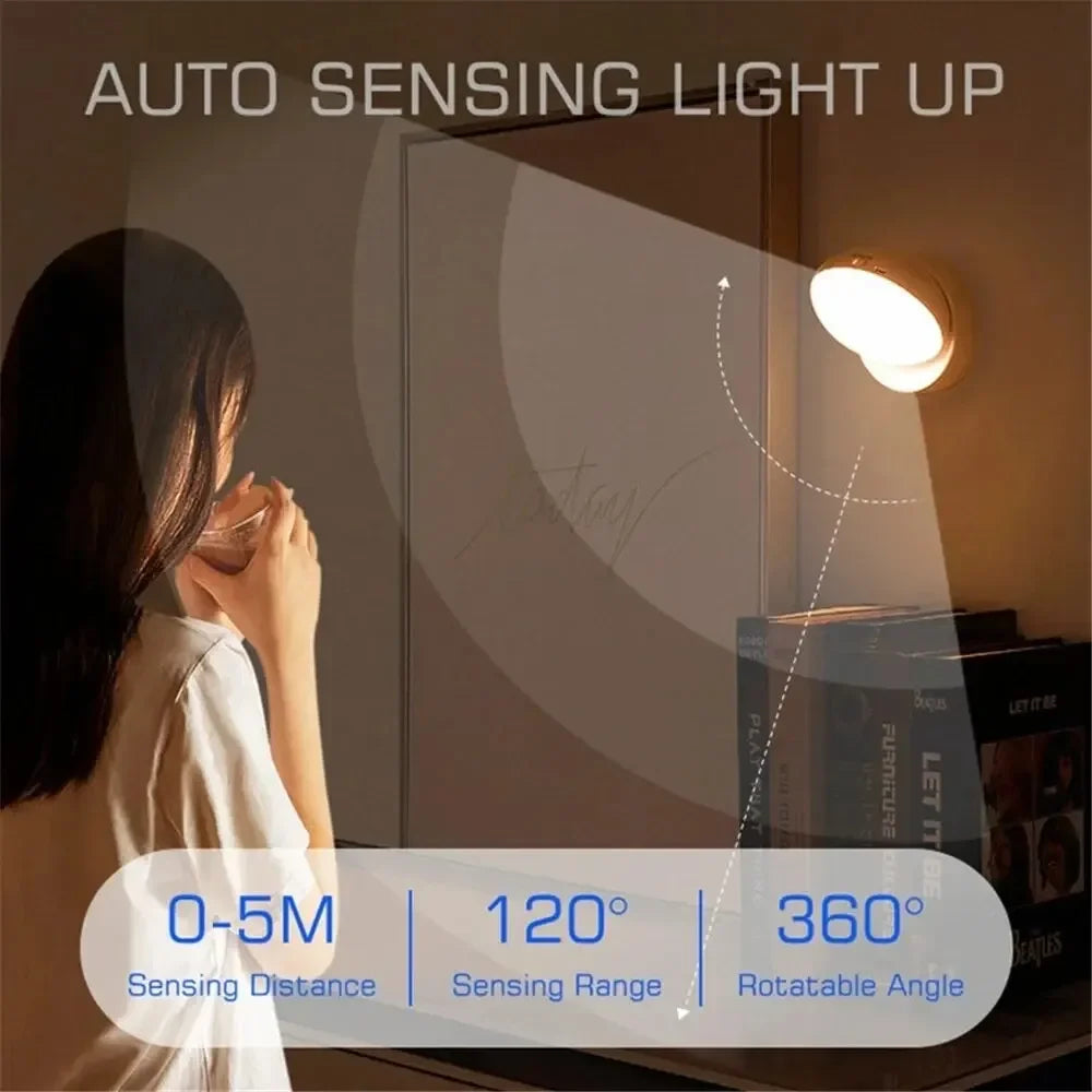 Lâmpada noturna com sensor de movimento luz noturna recarregável sem fio led 360 rotativa magnética para cozinha sala mesa de cabeceira