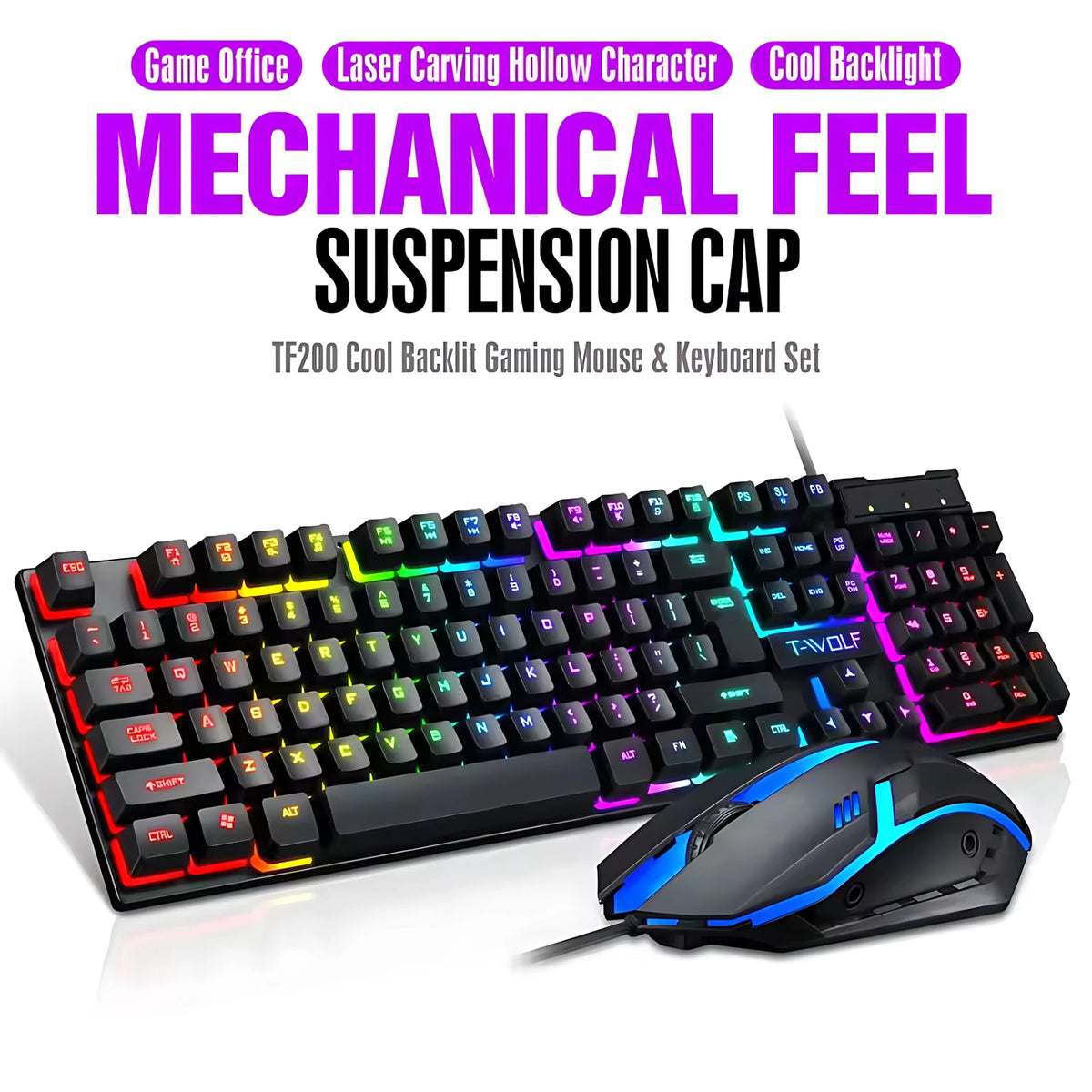 Teclado e Mouse com Iluminação de Fundo Arco-íris com Fio, Teclas Flutuantes Resistentes, Teclado Confortável e Durável para Escritório Empresarial