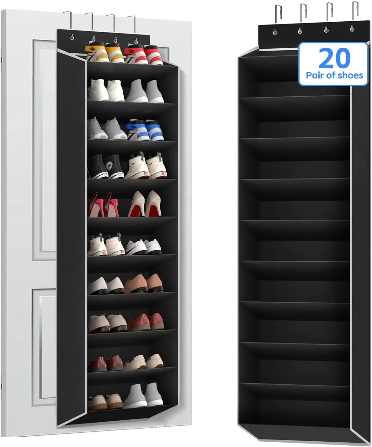 Organizador de sapatos grande sobre a porta, 10 camadas, pendurado, sapateira com bolsos profundos para porta de armazenamento, solução de armazenamento