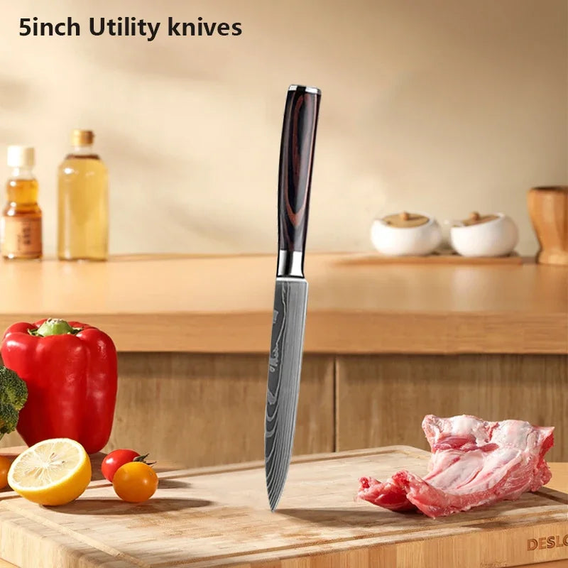 Conjunto 3 Facas de Cozinha Damasco Laser - Chef, Santoku e Utilitária