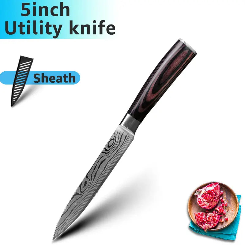 Facas de Cozinha Aço Damasco - Conjunto Profissional Chef Santoku